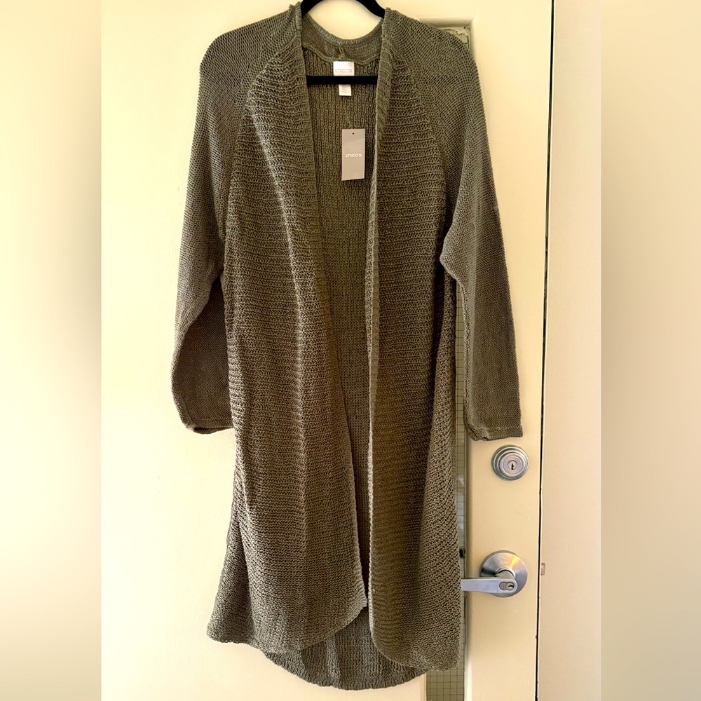 NWT Women's Chico's Cotton Blend Fatigue Texture Cali Flowy Cardigan Sweater.